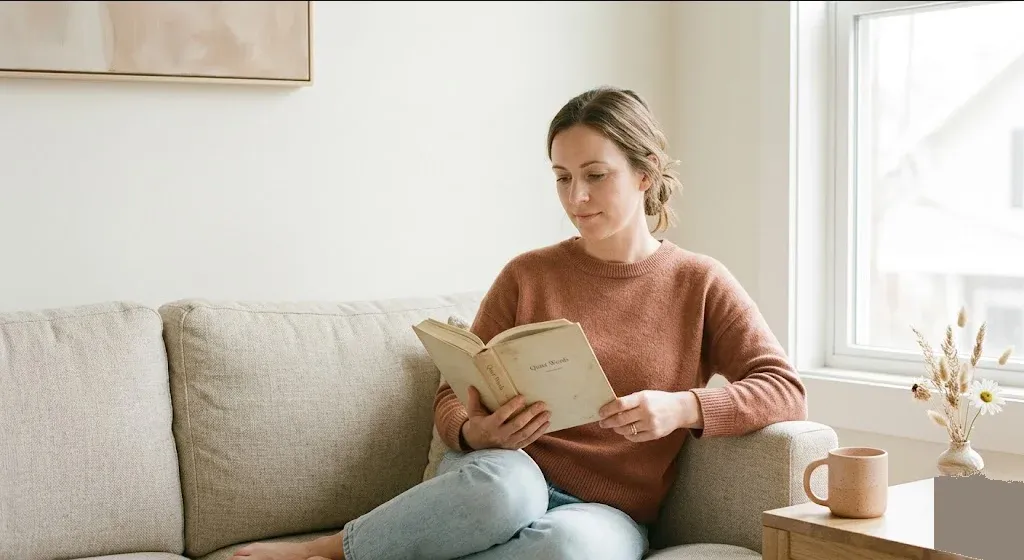 A woman sitting quietly by a large window, hands resting in lap, soft diffused light, representing the themes of "Miscarriage Quotes: 35 for the Loss You're Still Carrying".