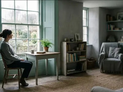 A figure near a window in a quiet domestic interior, unhurried and still, representing the themes of "Is It Normal Tired-and-Cranky or Is It Mom Rage? A Guide to the Telltale Signs".