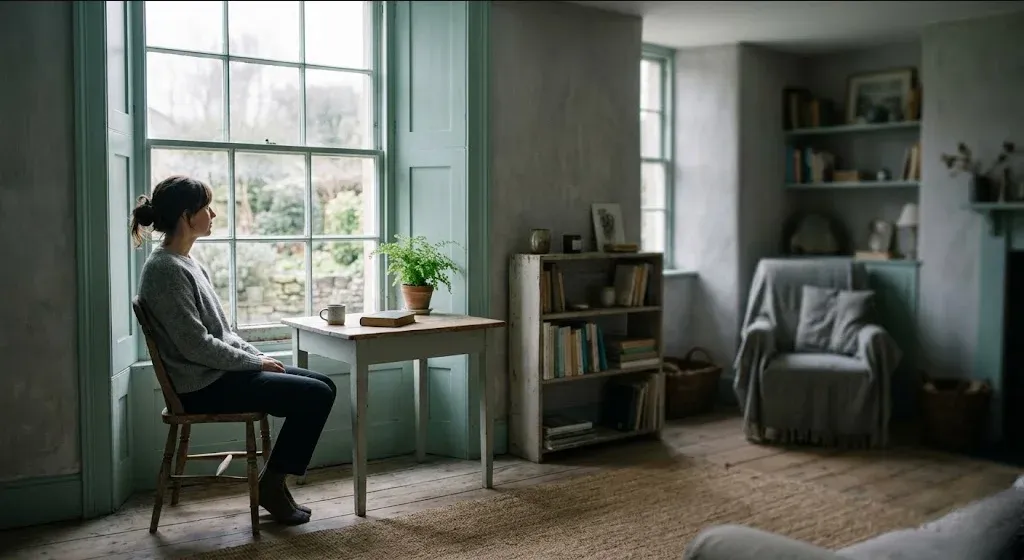 A figure near a window in a quiet domestic interior, unhurried and still, representing the themes of "Is It Normal Tired-and-Cranky or Is It Mom Rage? A Guide to the Telltale Signs".