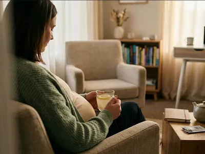 A quiet interior scene β soft light, a plant, a chair, a sense of calm presence, representing the themes of "Morning Sickness: What to Eat When Nothing Sounds Good".