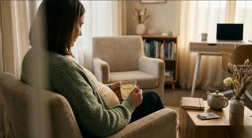 A quiet interior scene β soft light, a plant, a chair, a sense of calm presence, representing the themes of "Morning Sickness: What to Eat When Nothing Sounds Good".