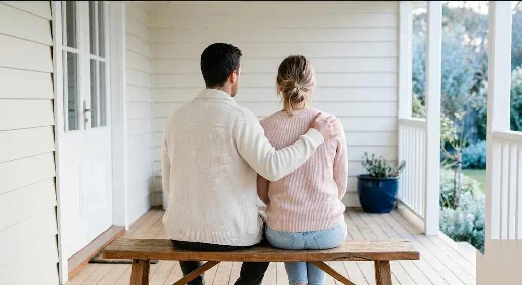 A couple on a front porch, one with hand on the other's shoulder, looking forward, representing the themes of "When Your Own Mother Relationship Affects Your Mothering".