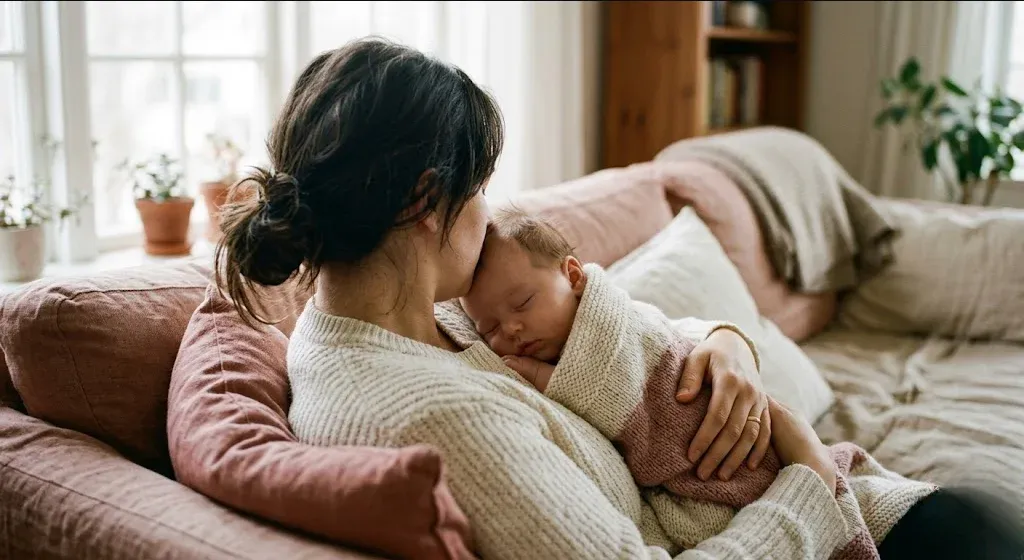 A parent on a couch, infant nestled on their chest, both still and quiet, representing the themes of "The New Parent's Guide to Saying No: Protecting Your Postpartum Peace Without Apology".
