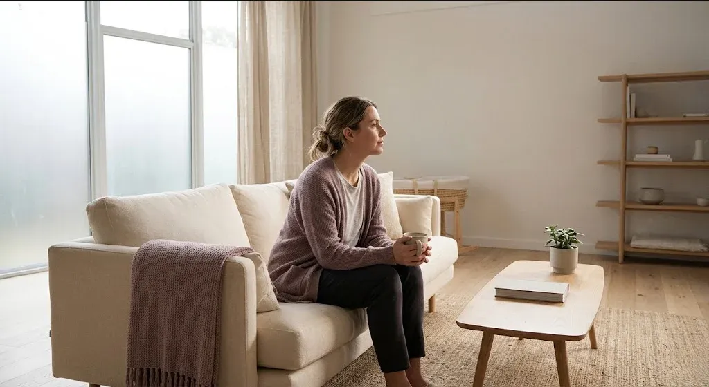A woman resting in a bed with white linens, soft morning light through a window, expression peaceful, representing the themes of "NICU & High-Risk Pregnancy: A Mental Health Guide for Parents".