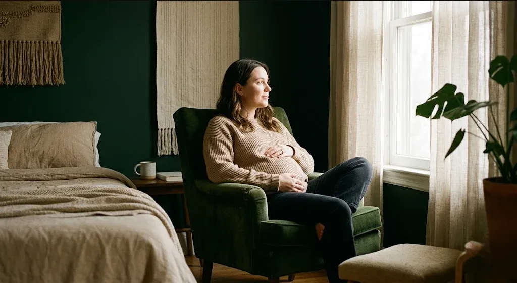 A quiet interior scene β soft light, a plant, a chair, a sense of calm presence, representing the themes of "Perinatal Mental Health Screening for OB/GYN Practices".