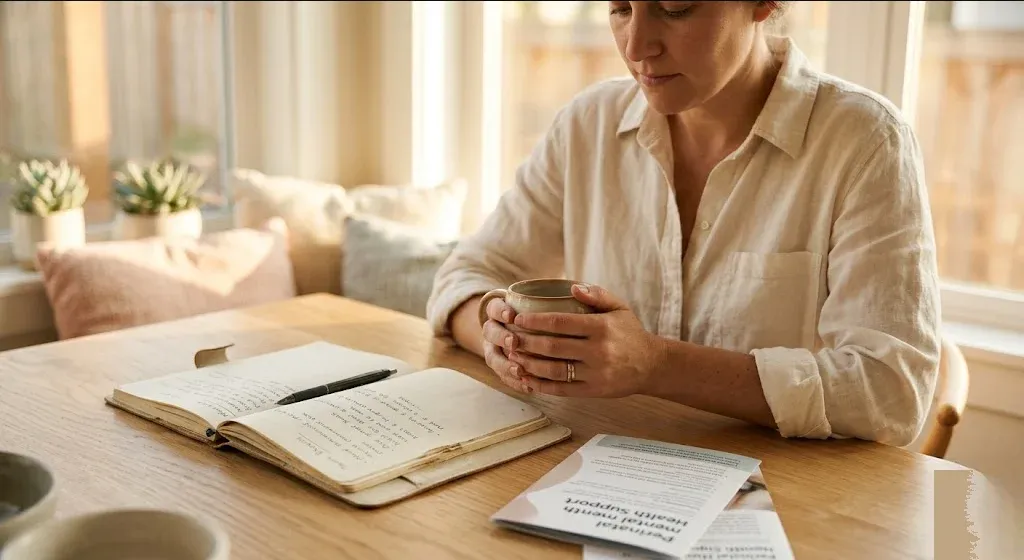 A person sitting in a warm, peaceful room with soft natural light, a sense of calm reflection, representing the themes of "Closing the Loop: Communication Between OBGYNs and Perinatal Mental Health Specialists".