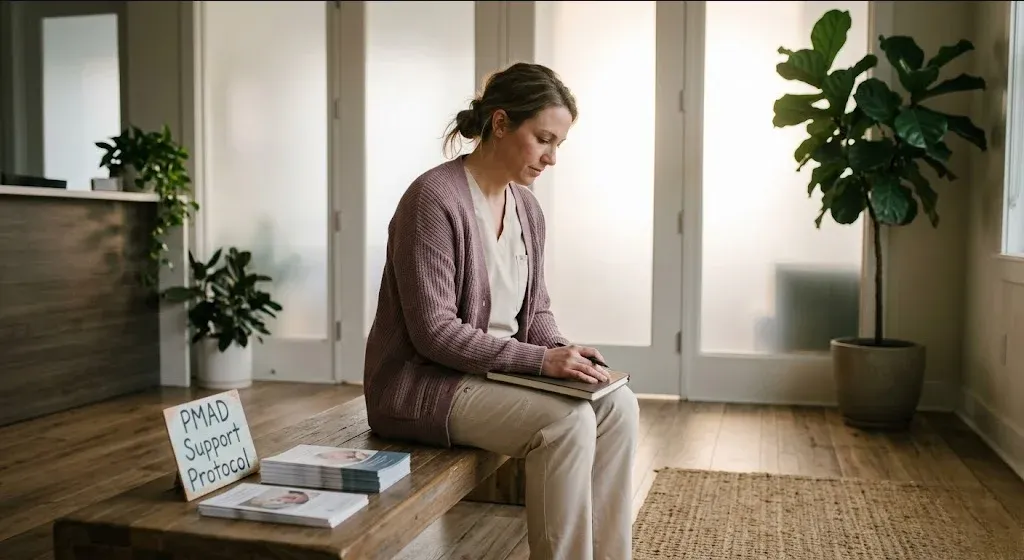 A person at a table with a warm drink, looking forward with a calm, open expression, representing the themes of "Building a Perinatal Mental Health Champion Protocol in Your OB/GYN Practice".