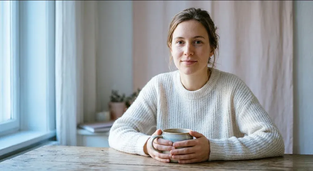 A person at a table with a warm drink, looking forward with a calm, open expression, representing the themes of "Finding Your Village: Top Online Communities for New Parents' Mental Health Support".