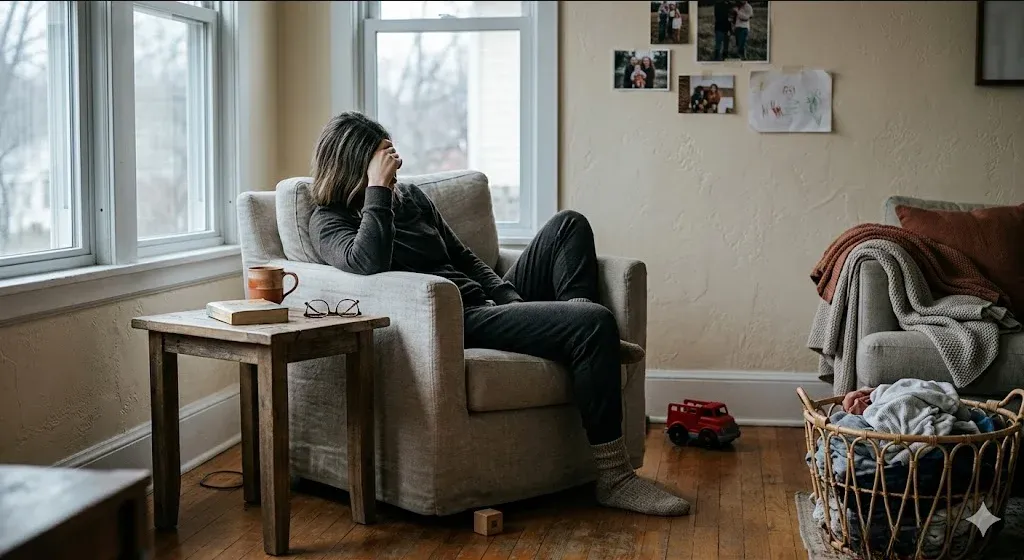 A parent sitting wearily in an armchair in a lived-in living room, surrounded by the gentle chaos of household life.