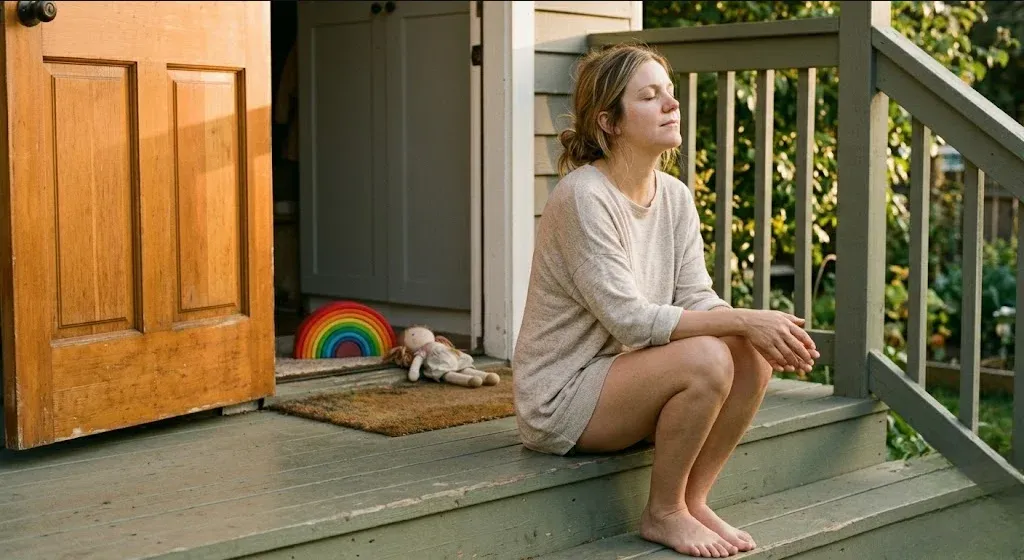 A parent sitting alone on a back porch step with eyes closed and face upturned in a moment of quiet restoration, a children's toy visible through the open door behind them.