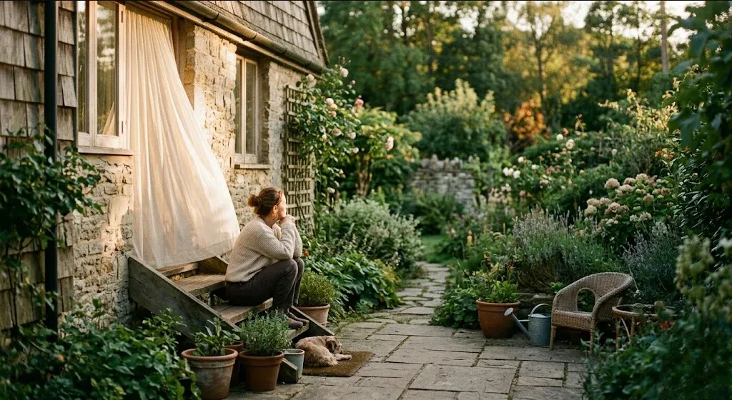 An adult sitting on a back step looking into a garden, posture heavy but calm, representing the themes of "Is It Burnout or Depression? A Deep Dive into the Overlapping Symptoms".