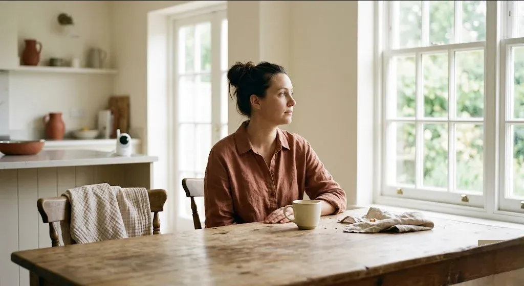 A parent sitting at a kitchen table with a half-finished cup of tea, staring quietly into the distance, representing the themes of "Your Complete Guide to Parental Burnout".