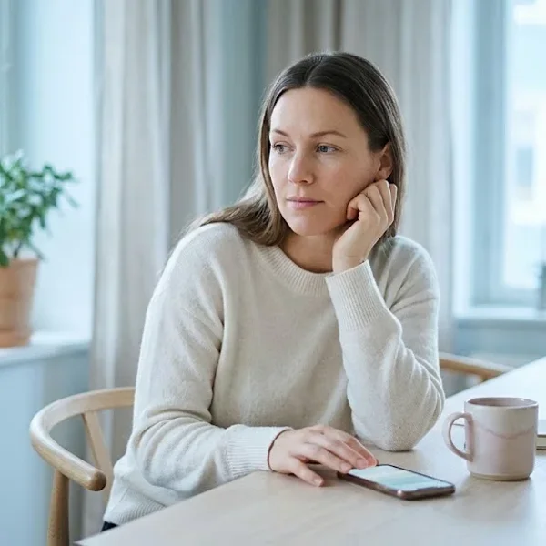 A person at a table with a warm drink, looking forward with a calm, open expression, representing the themes of "How Parenting Apps Can Support Perinatal Mental Health Users".