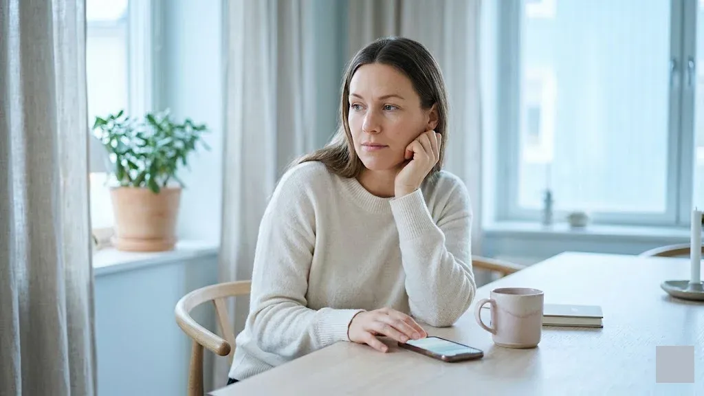 A person at a table with a warm drink, looking forward with a calm, open expression, representing the themes of "How Parenting Apps Can Support Perinatal Mental Health Users".