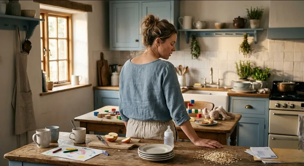 A parent standing in a kitchen surrounded by small unfinished tasks, one hand on the counter, taking a breath, representing the themes of "Parenting with ADHD: Strategies That Actually Work".