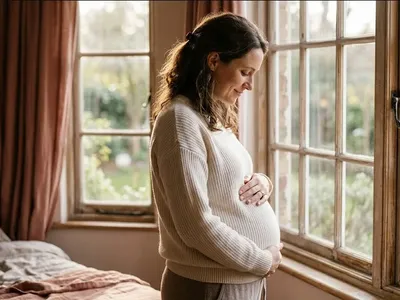 A woman standing near a window, one hand on her belly, soft backlight, representing the themes of "Supporting Them Through a High-Anxiety Pregnancy: A Partner's Guide".