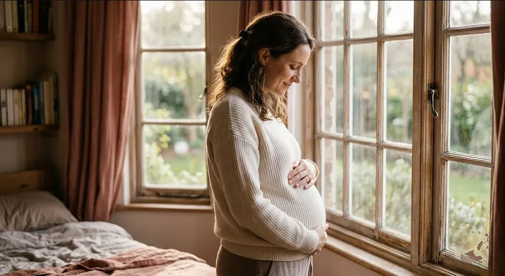 A woman standing near a window, one hand on her belly, soft backlight, representing the themes of "Supporting Them Through a High-Anxiety Pregnancy: A Partner's Guide".
