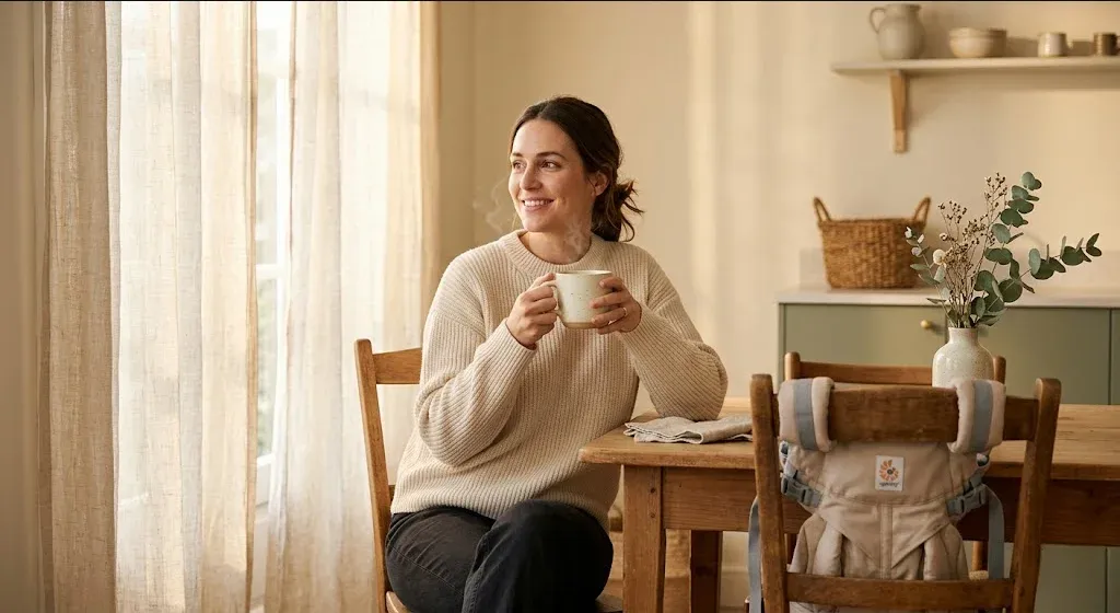 A woman at a kitchen table, baby carrier on the chair beside her, warm cup in hand, representing the themes of "When She Feels Alone: A Partner's Guide to Easing Postpartum Isolation".