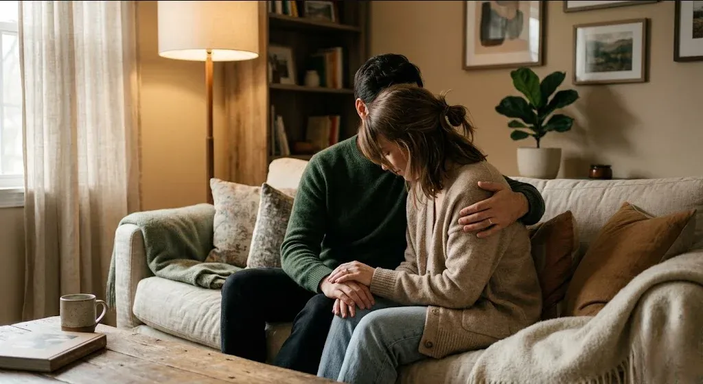 A couple sitting together in a softly lit living room, the partner offering quiet support, evoking the themes of "How to Support a Partner with Postpartum OCD".