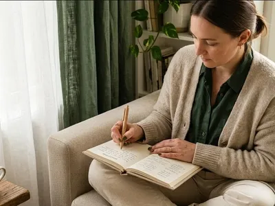 A person sitting with a journal on their lap, pen in hand, in a sunlit corner, representing the themes of "Supporting Her Through the Shift: A Partner's Guide to Matrescence".