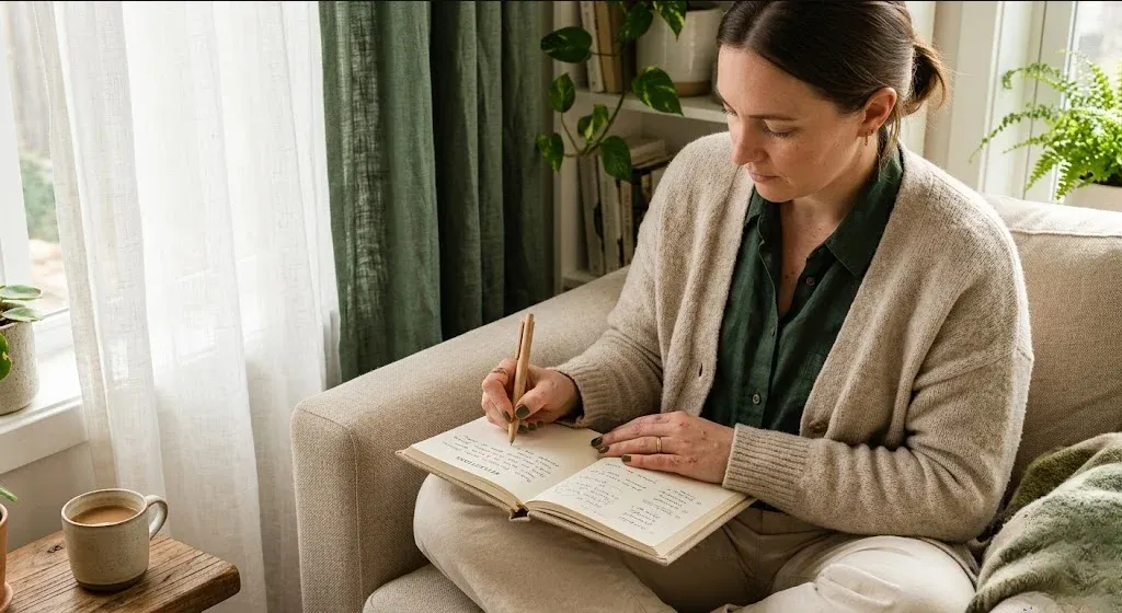 A person sitting with a journal on their lap, pen in hand, in a sunlit corner, representing the themes of "Supporting Her Through the Shift: A Partner's Guide to Matrescence".
