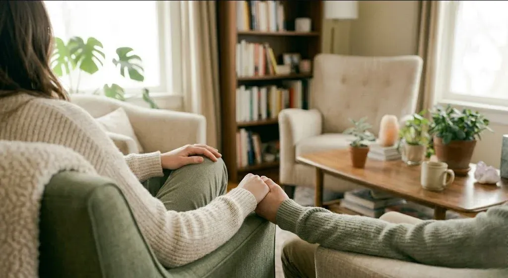 A couple sitting together in a softly lit living room, the partner offering quiet support, evoking the themes of "The Partner's Mental Health During IVF: What Gets Overlooked".