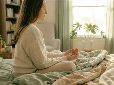 A person sitting cross-legged on a bed, breathing slowly with eyes closed, soft morning light through sheer curtains, evoking the themes of "Paternal Anxiety: Signs, Causes, and Support for New Dads".