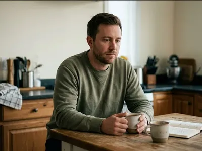 A figure near a window in a quiet domestic interior, unhurried and still, representing the themes of "Paternal Mental Health Treatment: What's Available and What Actually Works for Dads".