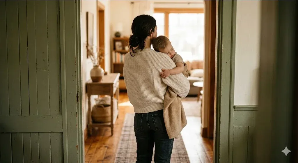 A parent pausing in a doorway with soft backlight, looking forward with a calm, collected expression, evoking the themes of "Intrusive Thoughts in New Fathers: What No One Tells Dads About OCD".