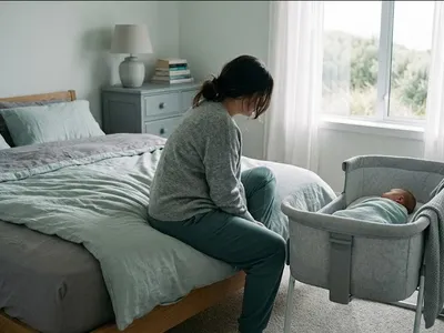 A mother sitting on the edge of a bed in morning light, infant asleep nearby in a bassinet, representing the themes of "Paternal Postpartum Anxiety: When Dads and Partners Can't Stop Worrying".