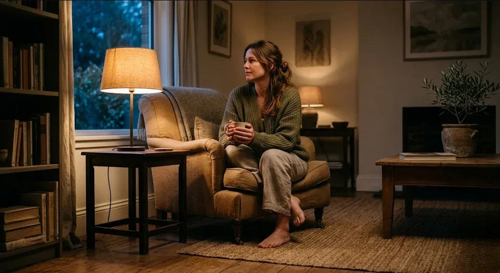 A person sitting in a warm, peaceful room with soft natural light, a sense of calm reflection, representing the themes of "The Birth of a Father: Navigating the Identity Shift of Patrescence".