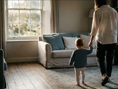 A parent holding a toddler's hand while walking through a sunlit room, representing the themes of "PCOS and Mental Health: The Connection Nobody Explains".