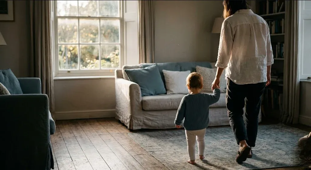 A parent holding a toddler's hand while walking through a sunlit room, representing the themes of "PCOS and Mental Health: The Connection Nobody Explains".