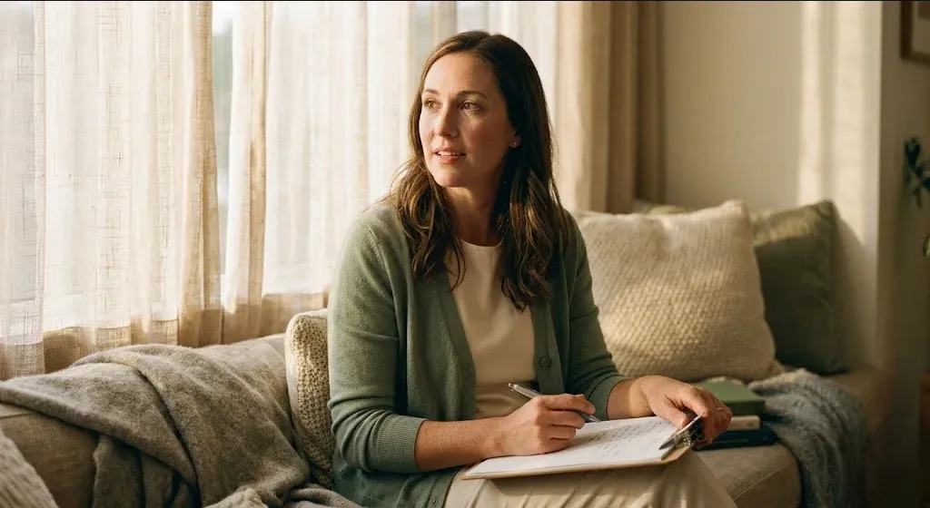 A quiet interior scene — soft light, a plant, a chair, a sense of calm presence, representing the themes of "Tracking Perinatal Mental Health Outcomes in the Well-Child Workflow: What Pediatricians Should Monitor".