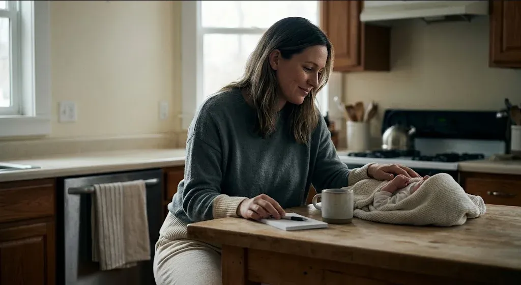 A mother sitting on the edge of a bed in morning light, infant asleep nearby in a bassinet, representing the themes of "Making Postpartum Depression Screening Standard Practice: A Guide for Pediatric Champions".