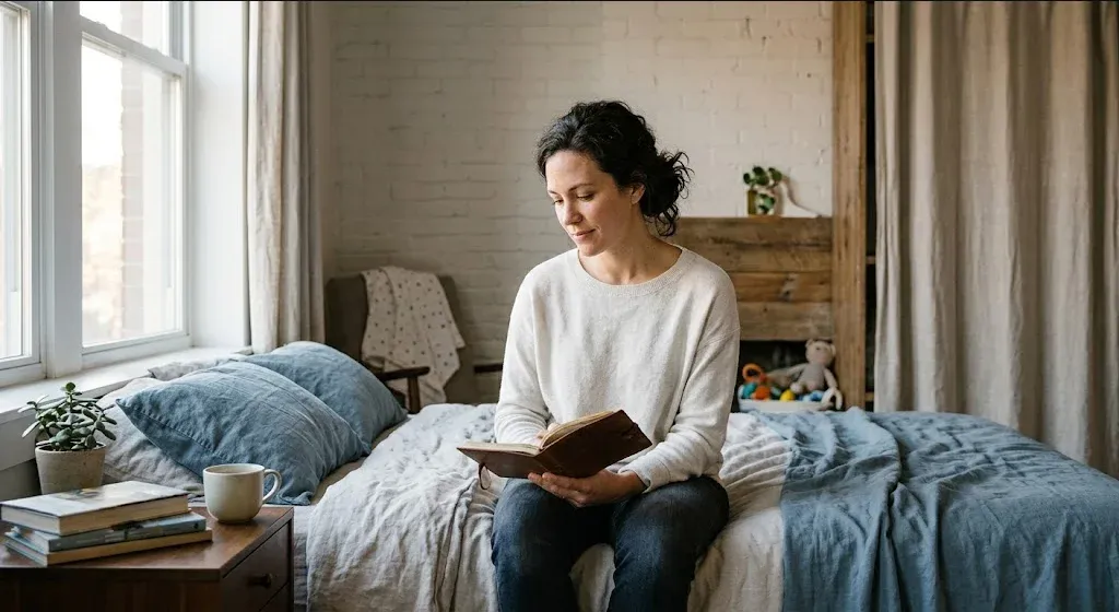 A woman sitting with a journal, pen resting on the page, looking toward a window in thought, representing the themes of "Perfectionism and Motherhood: A Mental Health Guide for High-Achieving Parents".