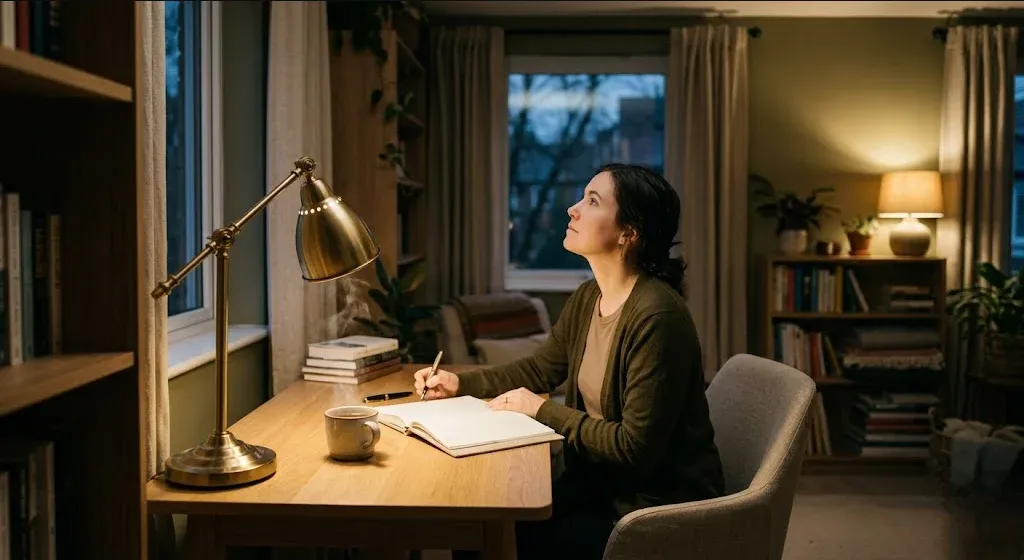A person at a neat desk with an open planner and a cup of tea, pausing to look up with a still expression, representing the themes of "Perfectionism and the Decision to Go Back to Work".