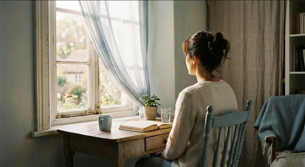 A figure near a window in a quiet domestic interior, unhurried and still, representing the themes of "Perimenopause and Mental Health: The Earlier Transition Nobody Warned You About".