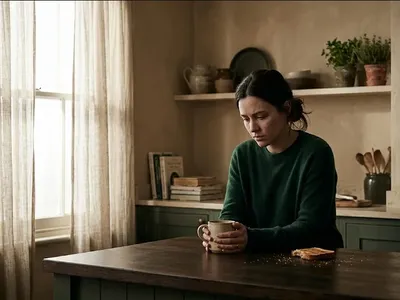 A figure at a desk with hands steepled under chin, gazing forward calmly, representing the themes of "Perinatal Anxiety Explained: What It Is, Why It Happens, and What to Do About It".