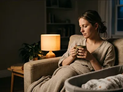 A person sitting cross-legged on a bed with eyes closed, hands resting on knees, breathing slowly, representing the themes of "Perinatal Anxiety Recovery: What to Expect and How Long It Takes".