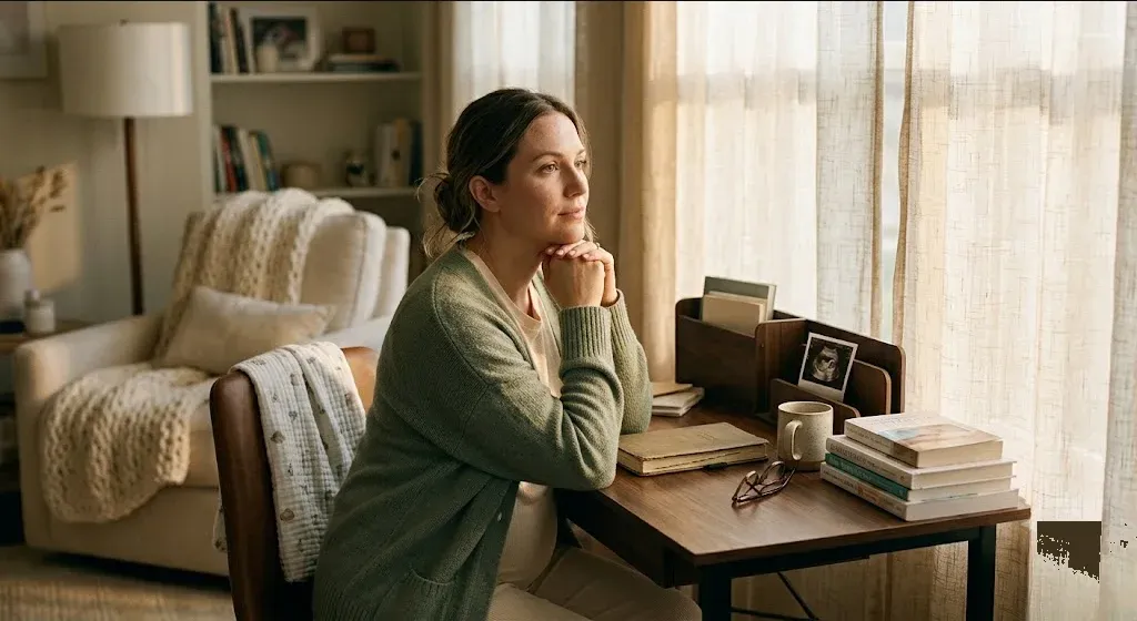 A figure at a desk with hands steepled under chin, gazing forward calmly, representing the themes of "Your Complete Guide to Perinatal Anxiety (PPA)".