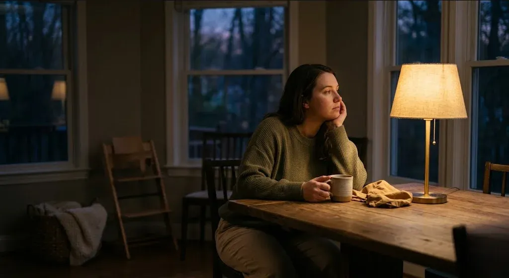 A new mother in a rocking chair in a softly lit nursery, cradling her infant, representing the themes of "Postpartum Hormones and Mood: What's Actually Happening in Your Brain".