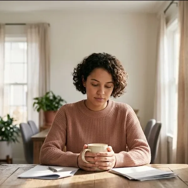 A person at a table with a warm drink, looking forward with a calm, open expression, representing the themes of "Perinatal Mental Health Access: A Community Advocate Guide".