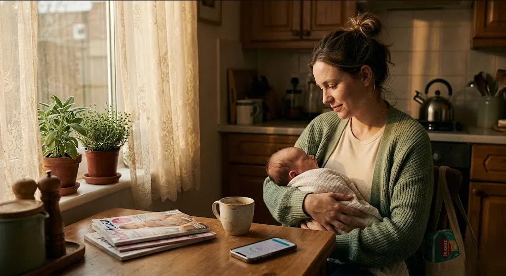 A parent and infant sharing a quiet moment, forehead-to-forehead, tender, representing the themes of "Perinatal Mental Health for Baby-Focused Brands: A Complete Guide".
