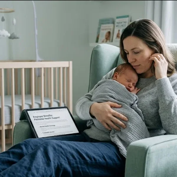 A figure near a window in a quiet domestic interior, unhurried and still, representing the themes of "Perinatal Mental Health Benefits: What Best-in-Class Employers Offer".