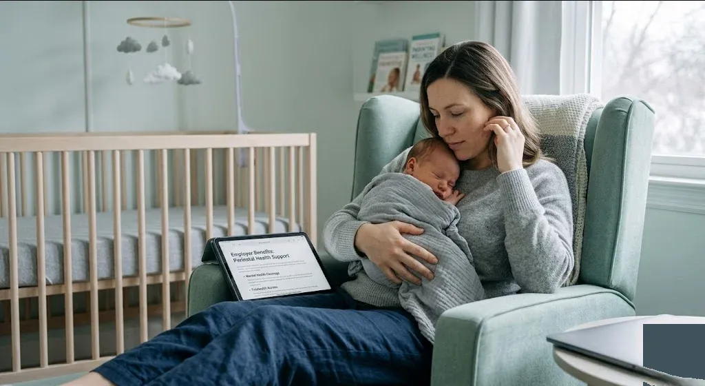 A figure near a window in a quiet domestic interior, unhurried and still, representing the themes of "Perinatal Mental Health Benefits: What Best-in-Class Employers Offer".