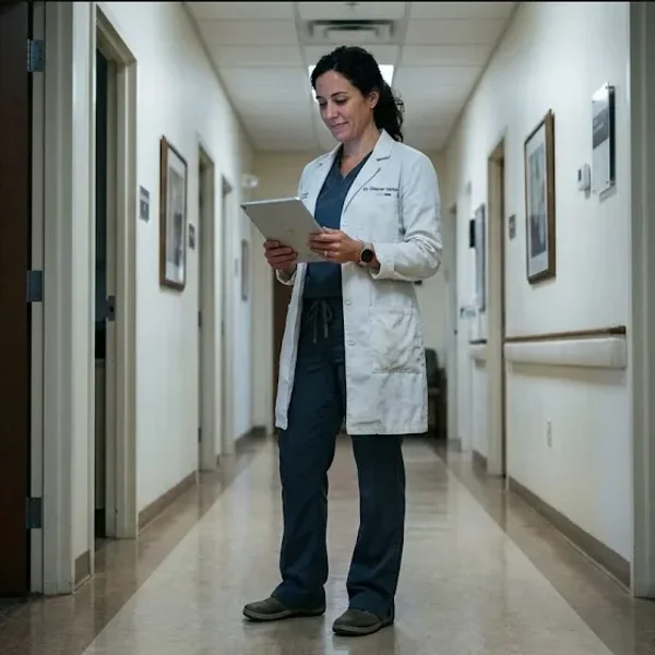 A healthcare provider in a quiet clinic hallway, thoughtfully reviewing information on a tablet.