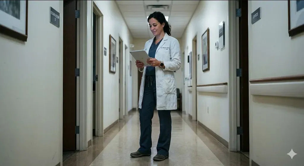 A healthcare provider in a quiet clinic hallway, thoughtfully reviewing information on a tablet.