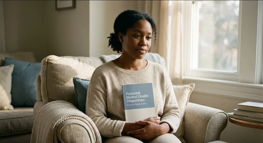 A figure near a window in a quiet domestic interior, unhurried and still, representing the themes of "Perinatal Mental Health Disparities: A Health Equity Guide".