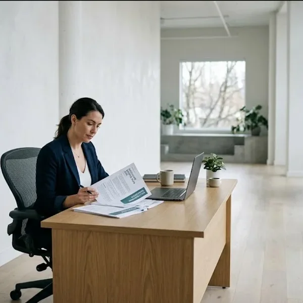 A business professional reviewing healthcare documents at a modern office desk in soft, natural light.